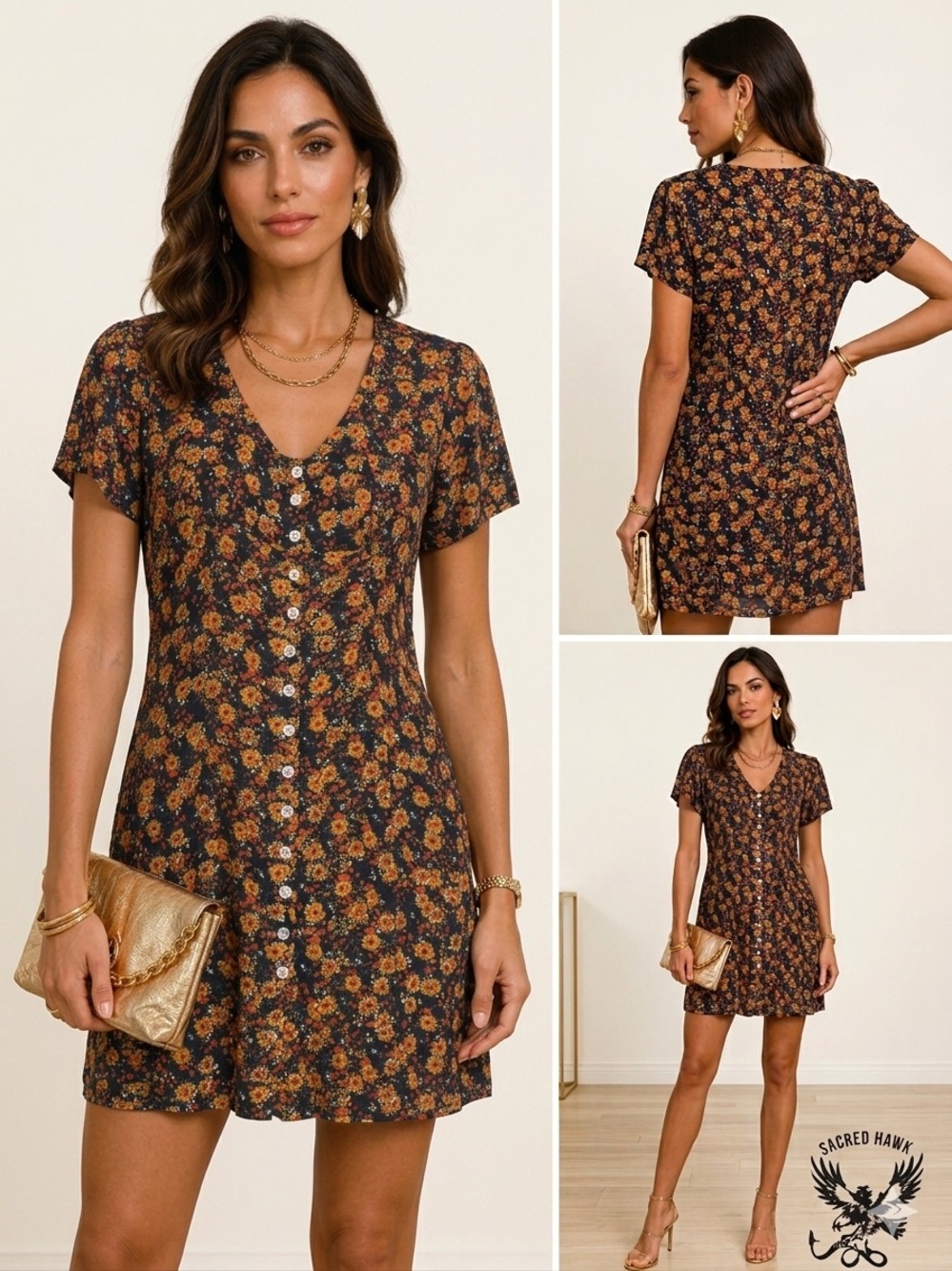 SACRED HAWK Vintage Style Rayon Floral Button Front Mini Dress S